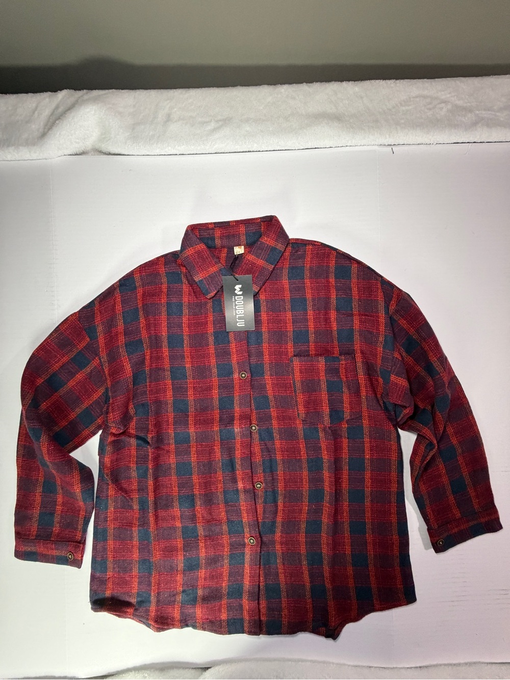 Doublju Red and Black Plaid Casual Button-Down Shirt